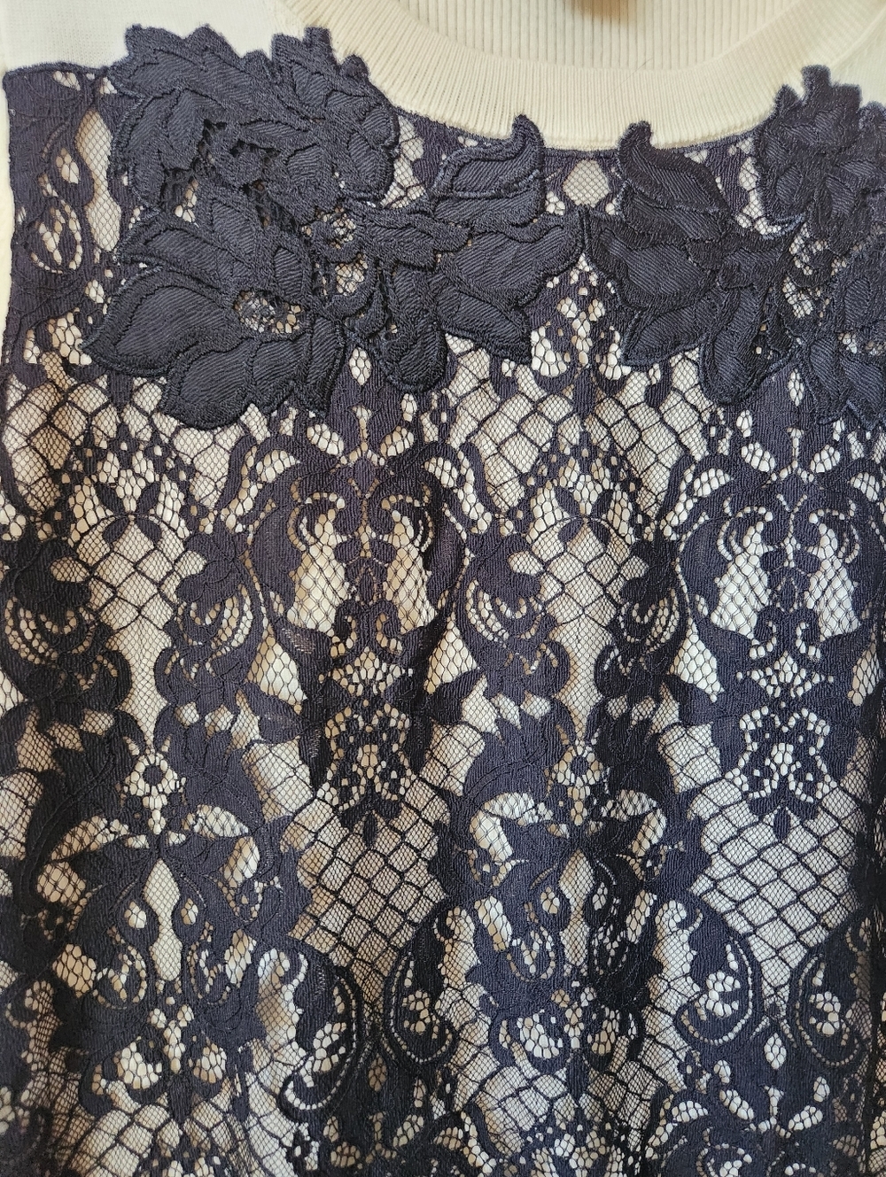 Diane Von Furstenberg Ivory Wool Blend Long-Sleeve Top Black Lace Overlay Size L - Picture 4 of 8